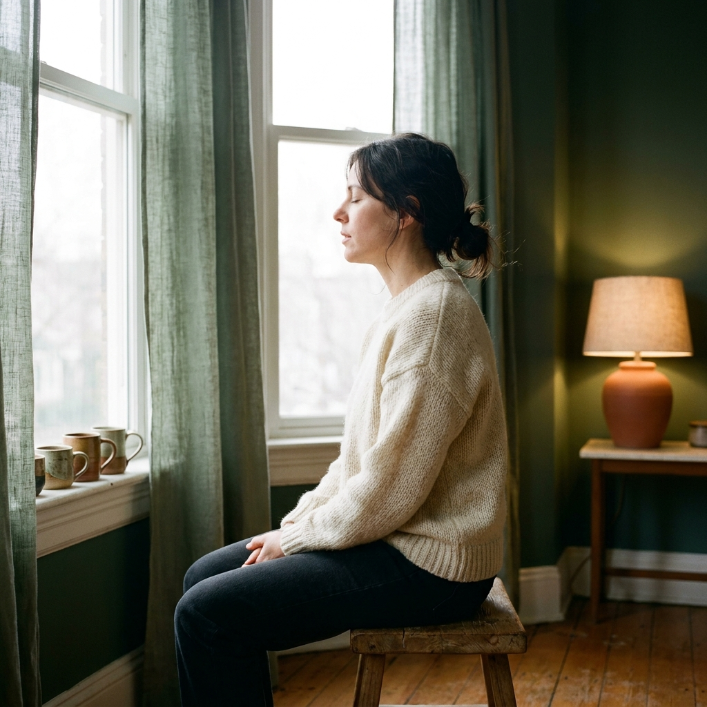 Vrouw zit rechtop bij een raam, ogen dicht, midden in een rustige ademhaling