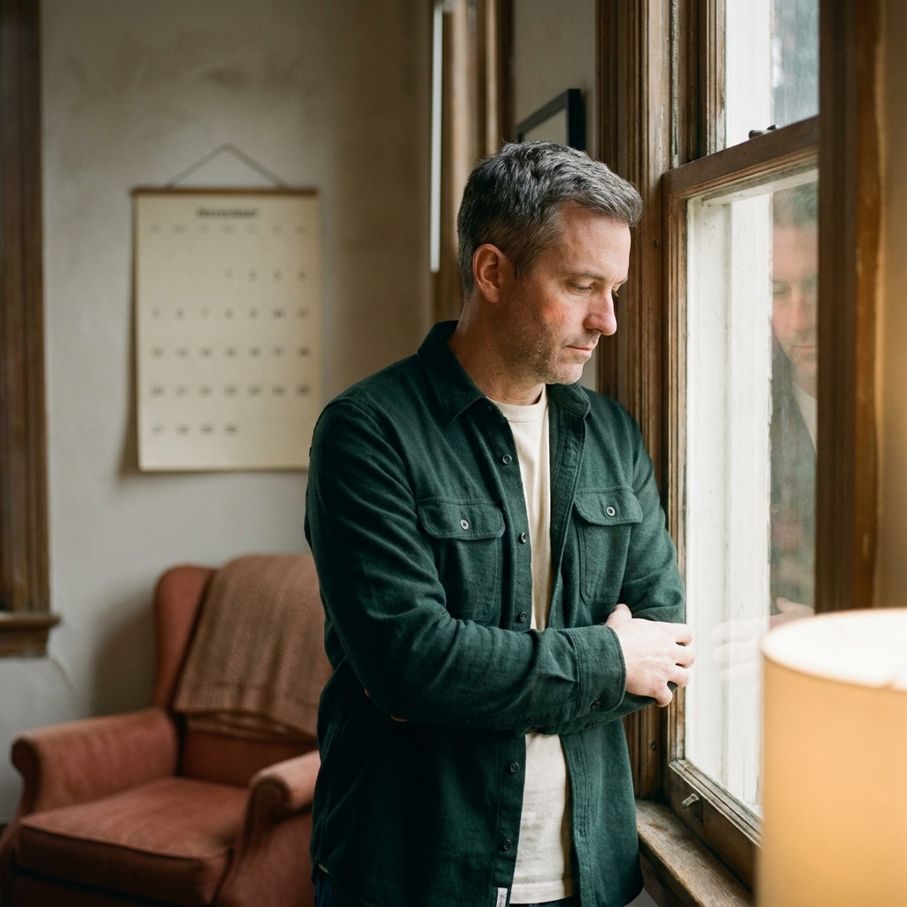 Man staat denkend bij een hoog raam, armen losjes over elkaar