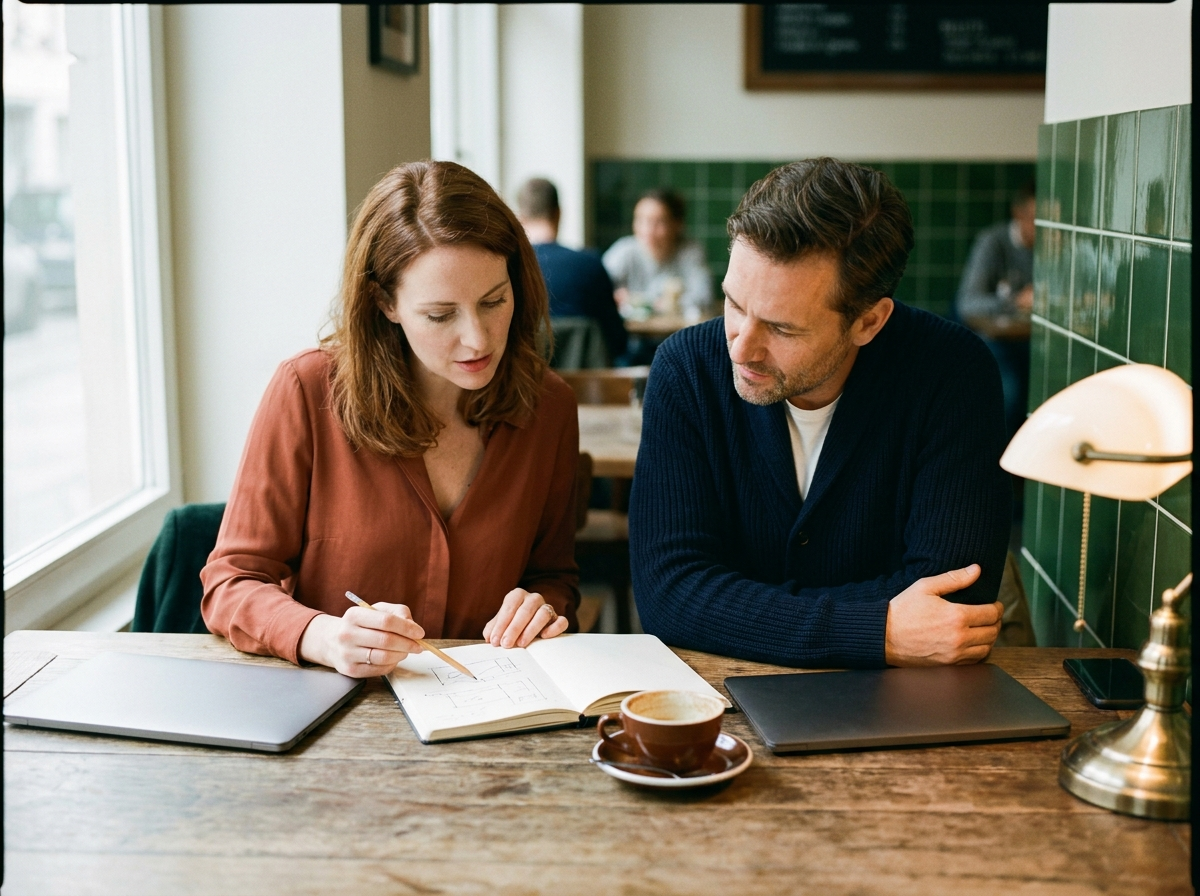 Twee ondernemers buigen zich samen over een notitieboek aan een houten tafel
