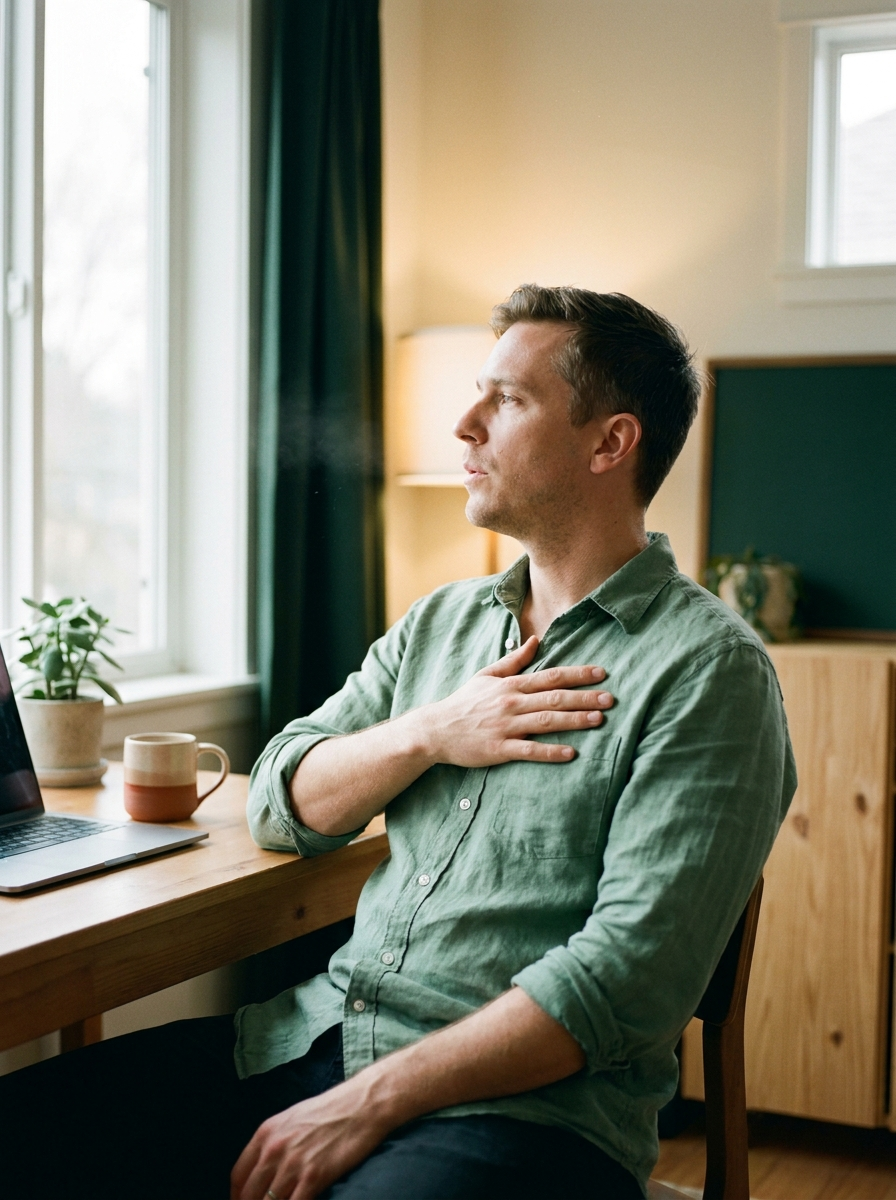 Man zit terug van zijn laptop, hand op de borst, blik naar buiten