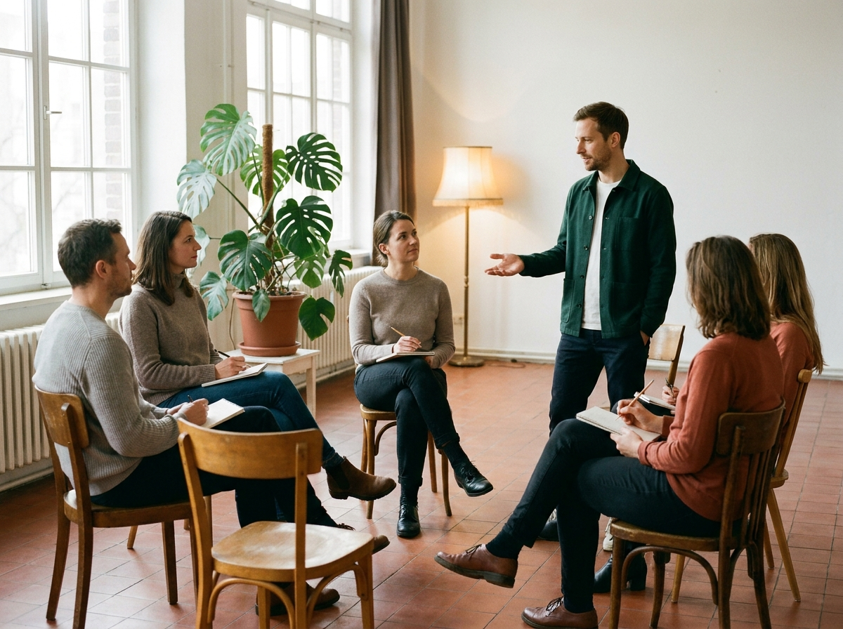 Kleine workshopgroep in een kring, in een lichte studio